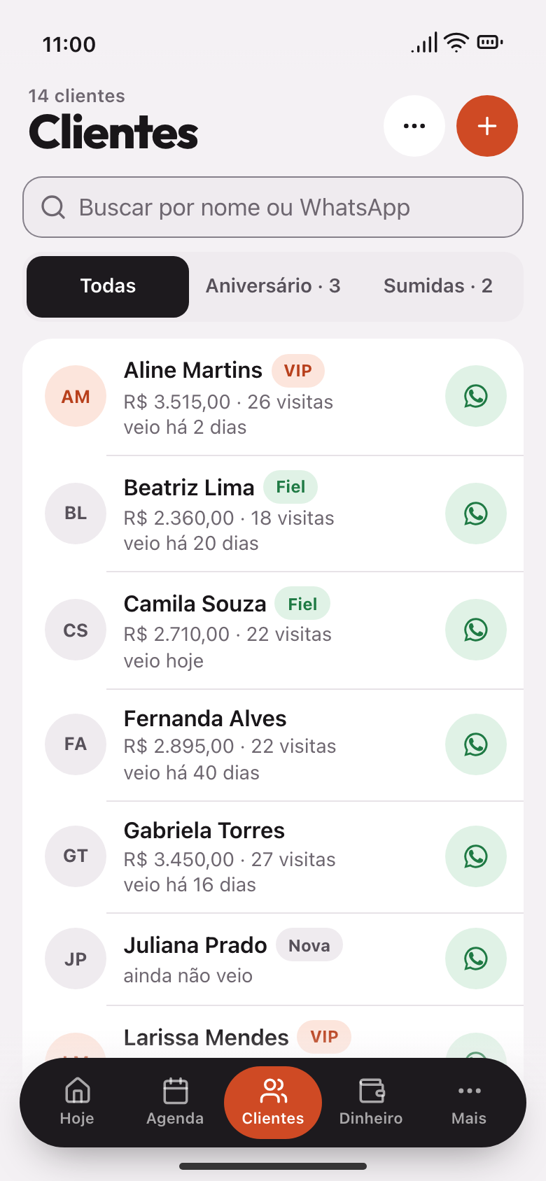 Lista de clientes com as abas Aniversário e Sumidas